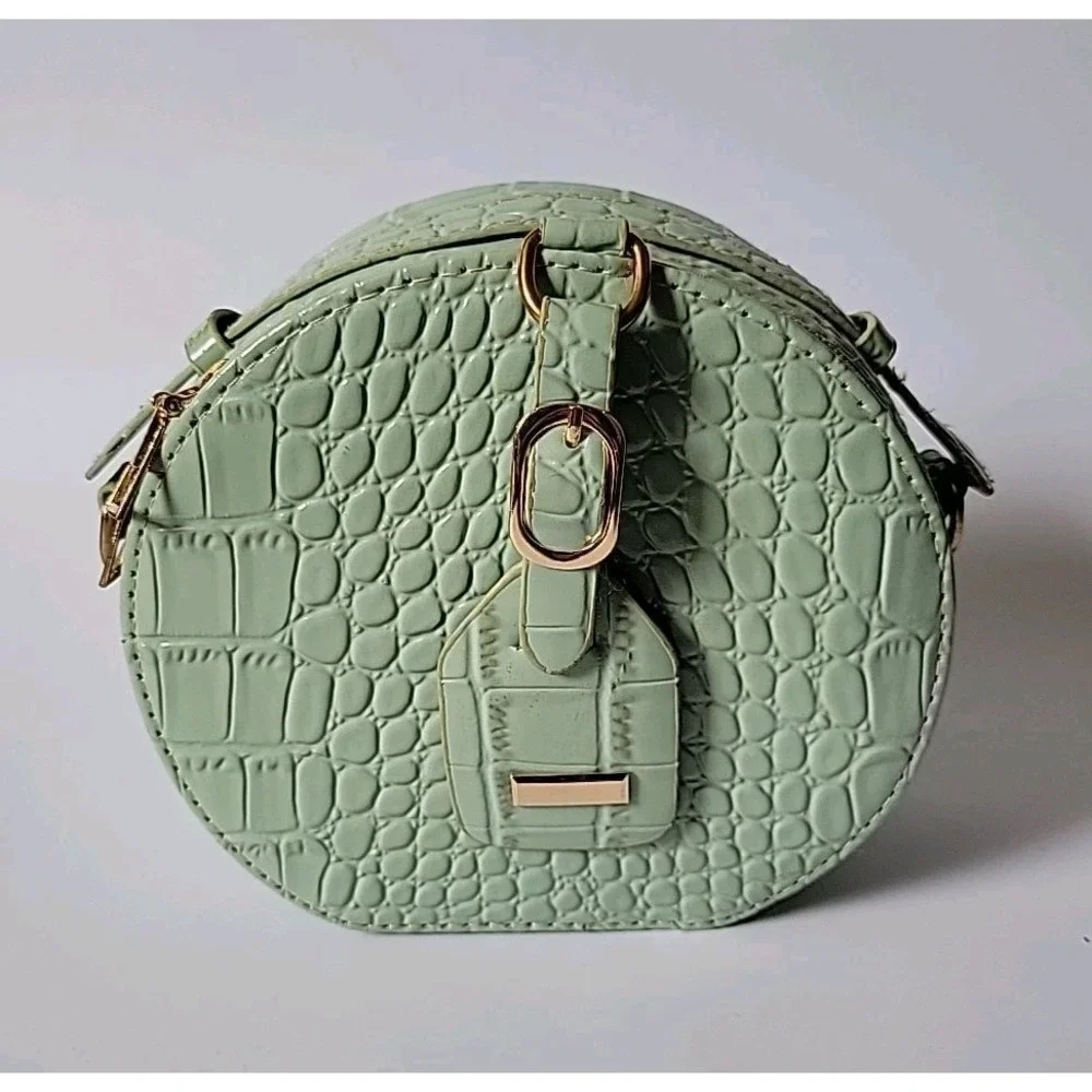 Calpak Round Croc Embossed‎ Vegan Leather Purse Seafoam Top Handle Zip Around
